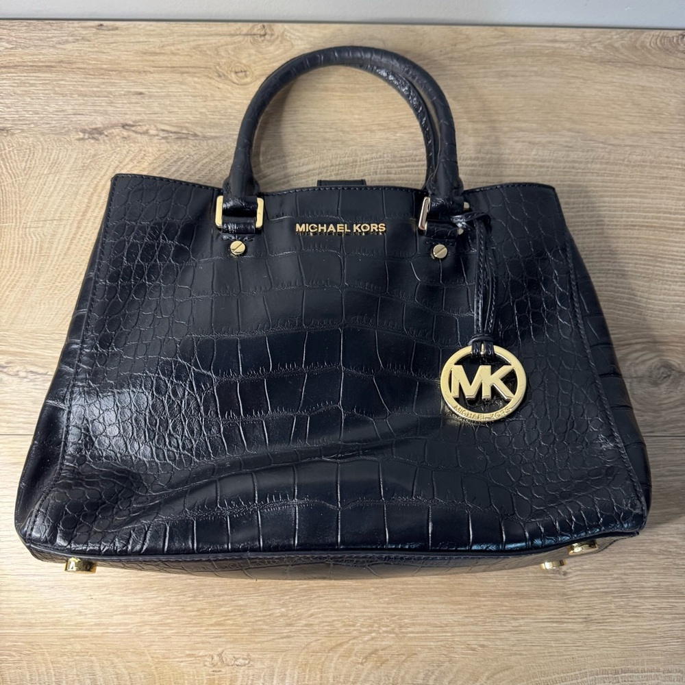Michael Kors Dillion Tote Black Croc Embossed Satchel‎ Gold Hardware Structured - Picture 2 of 9